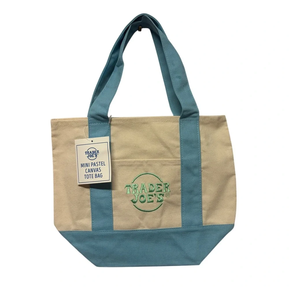 Trader Joe's Mini Pastel Canvas Tote Bag‎ Blue Limited Edition Spring Easter New